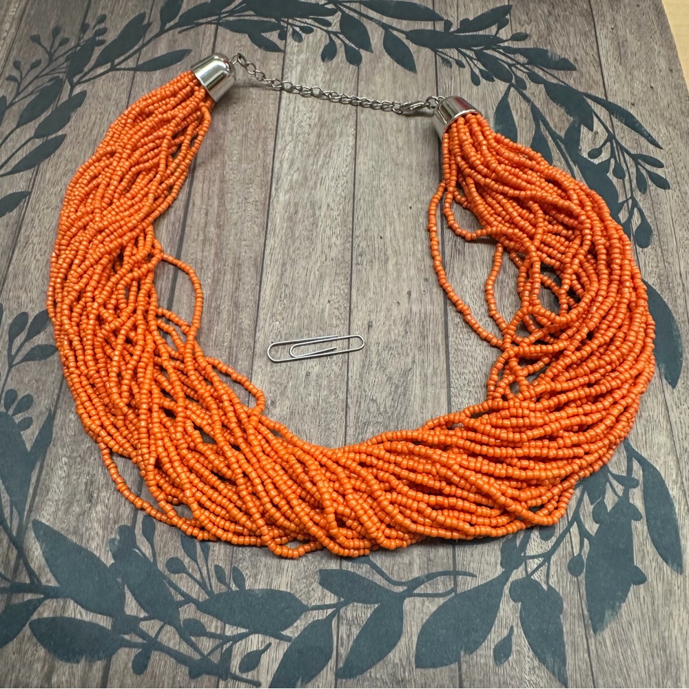 Silver Orange Bead Multistrand Necklace B8‎